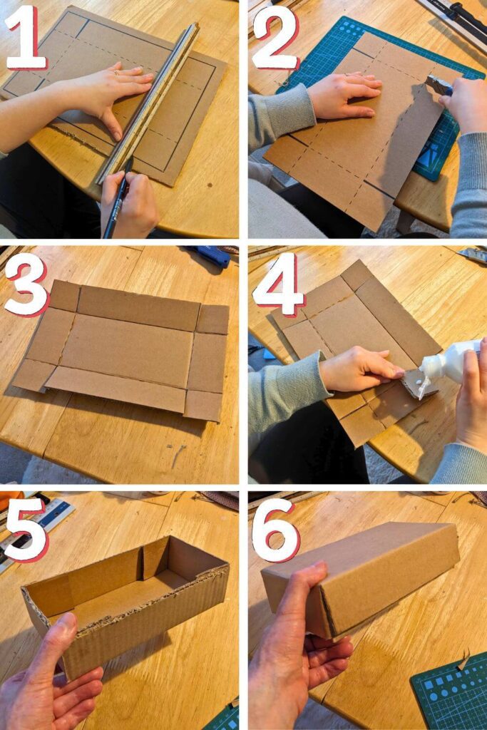 Various photos showing the stages of making a cardboard box with lid